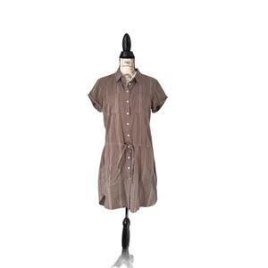Love Stitch Olive Shirt Mini Dress Tencel Striped Button Front Drawstring Size M